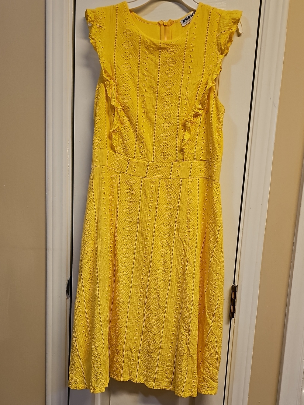Bright Yellow Eyelet Midi Dress with Ruffle Shoulders - Ecowish